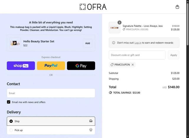 Ofra Cosmetics checkout page showing Ofra Cosmetics discount code box | Screenshot taken by SimplyCodes community member on Aug 25, 2025