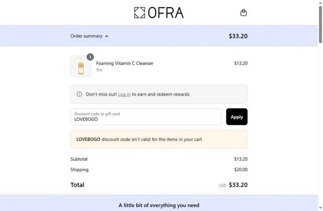 Ofra Cosmetics checkout page showing Ofra Cosmetics discount code box | Screenshot taken by SimplyCodes community member on Aug 16, 2025