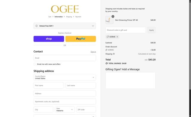 Ogee checkout page showing Ogee discount code box | Screenshot taken by SimplyCodes community member on Sep 15, 2025