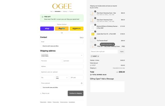 Ogee checkout page showing Ogee discount code box | Screenshot taken by SimplyCodes community member on Sep 15, 2025