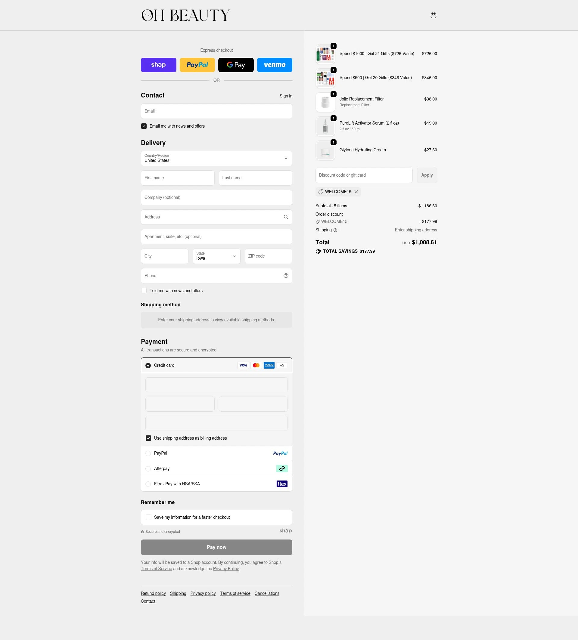 Oh Beauty checkout page showing Oh Beauty discount code box | Screenshot taken by SimplyCodes community member on Dec 31, 2025