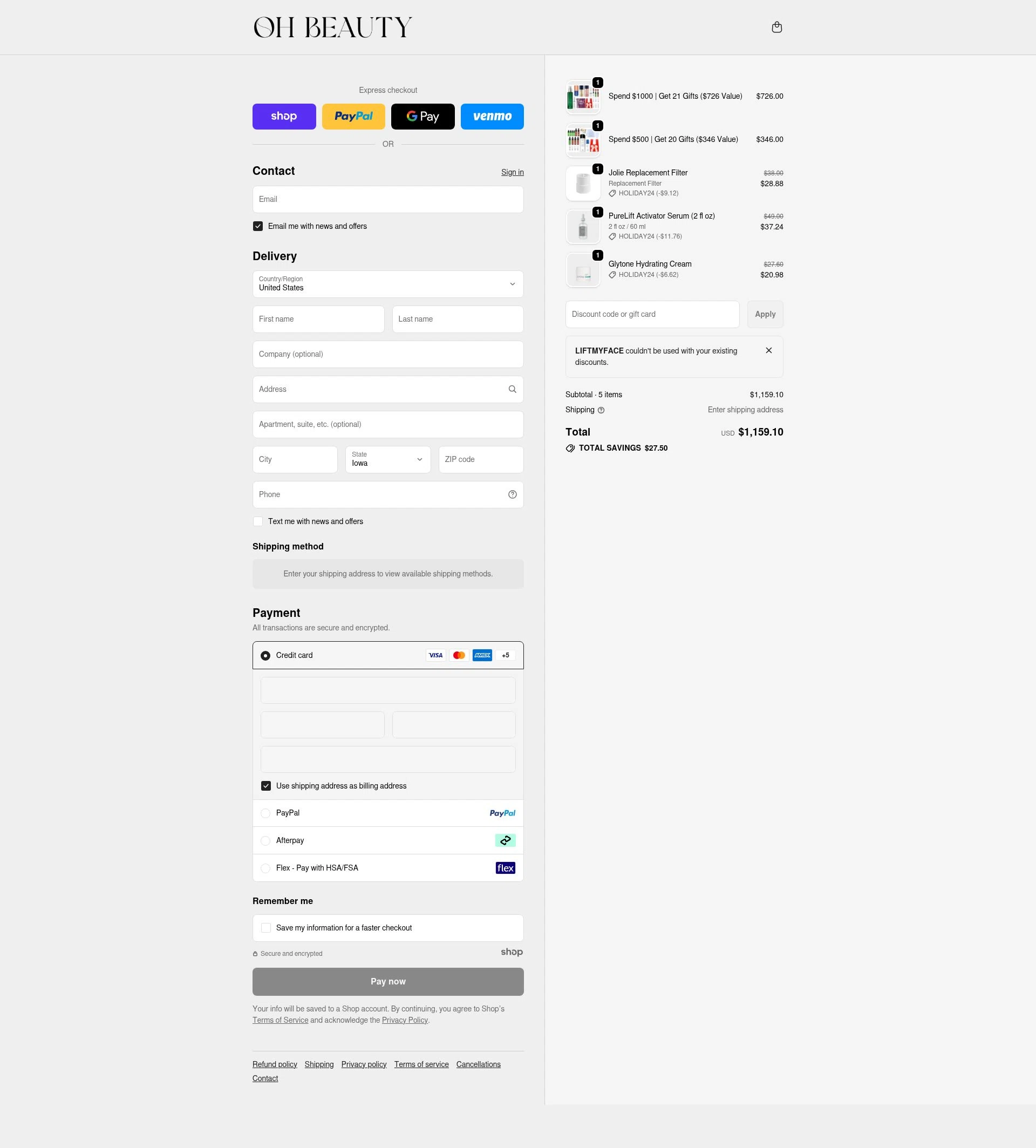 Oh Beauty checkout page showing Oh Beauty discount code box | Screenshot taken by SimplyCodes community member on Dec 31, 2025