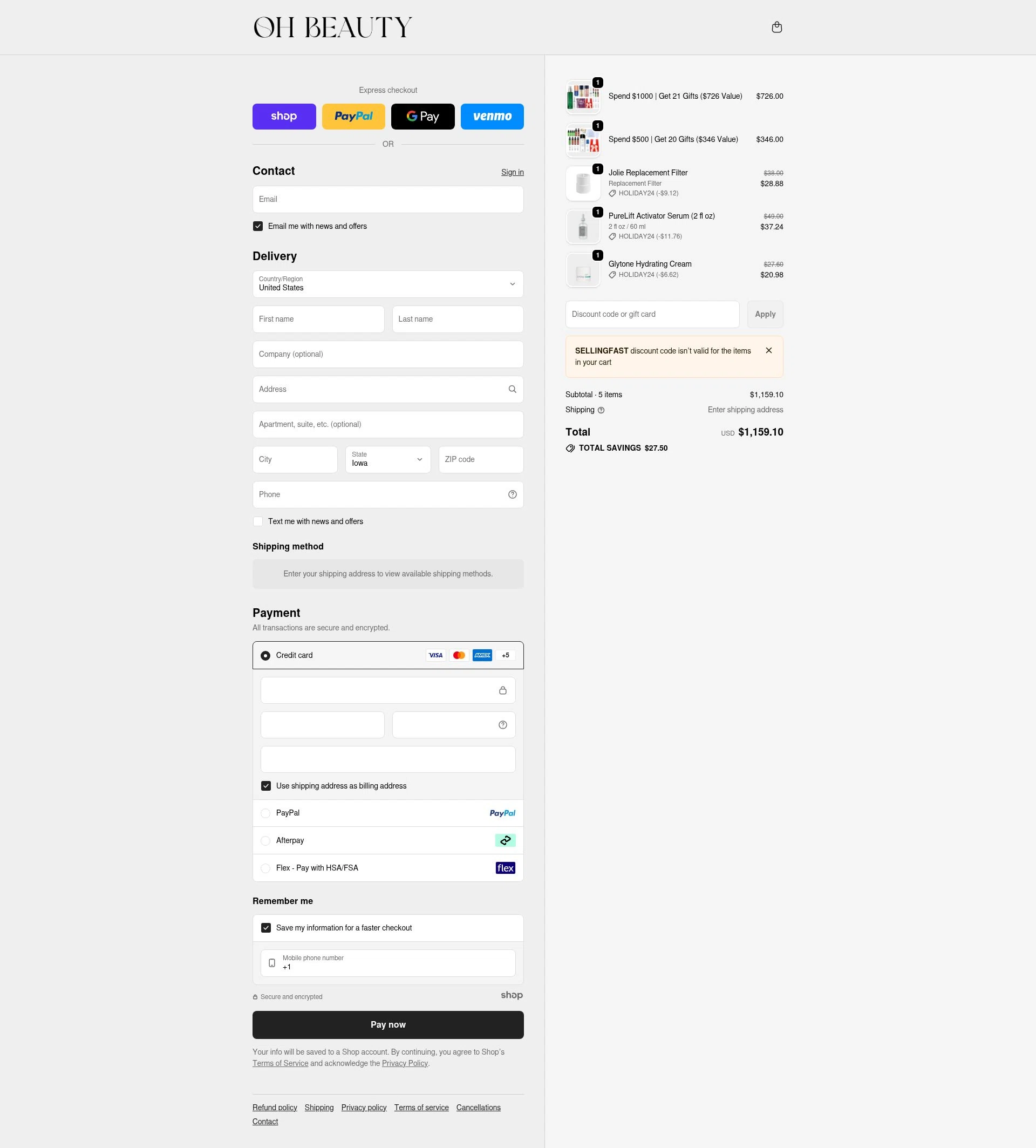 Oh Beauty checkout page showing Oh Beauty discount code box | Screenshot taken by SimplyCodes community member on Dec 31, 2025