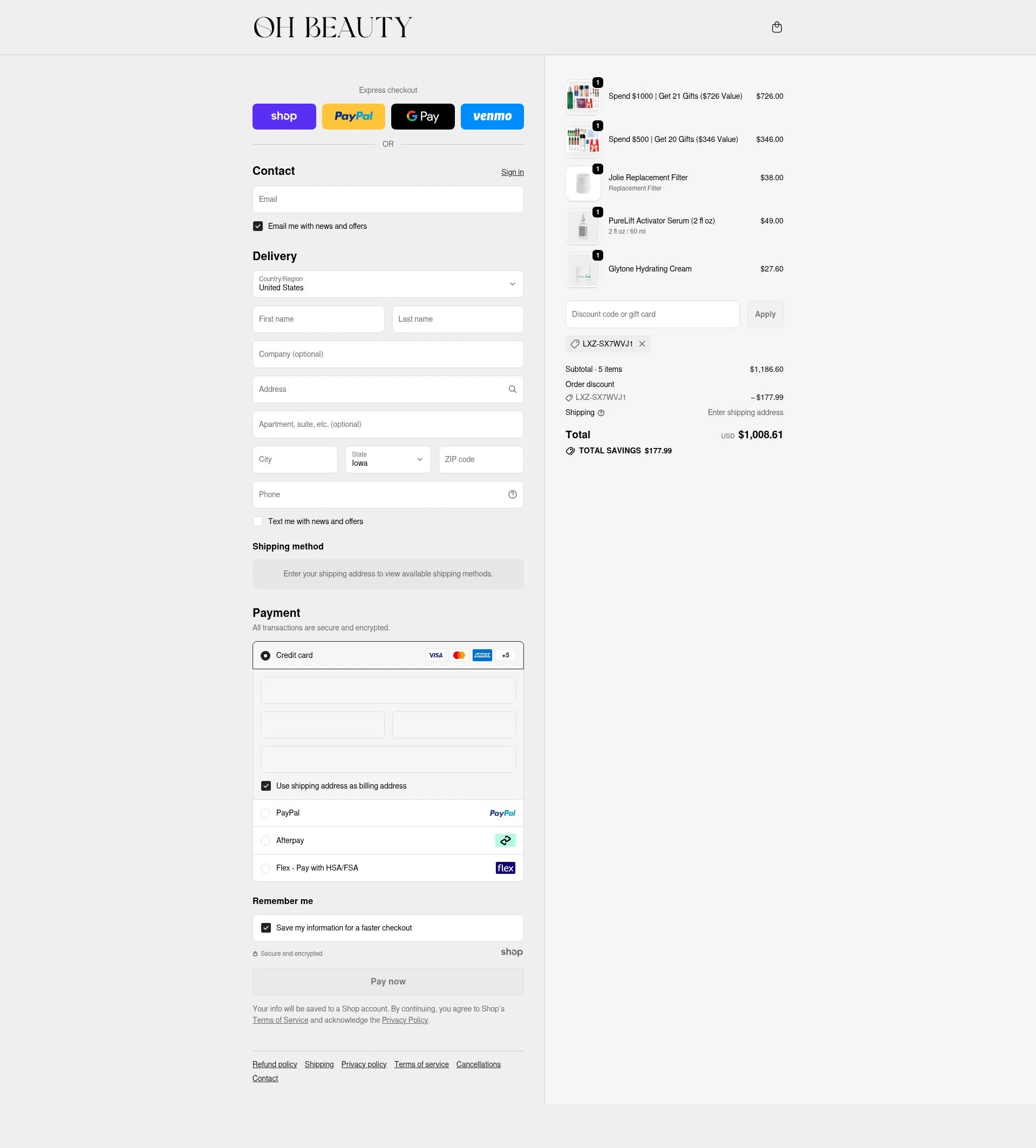 Oh Beauty checkout page showing Oh Beauty discount code box | Screenshot taken by SimplyCodes community member on Dec 31, 2025