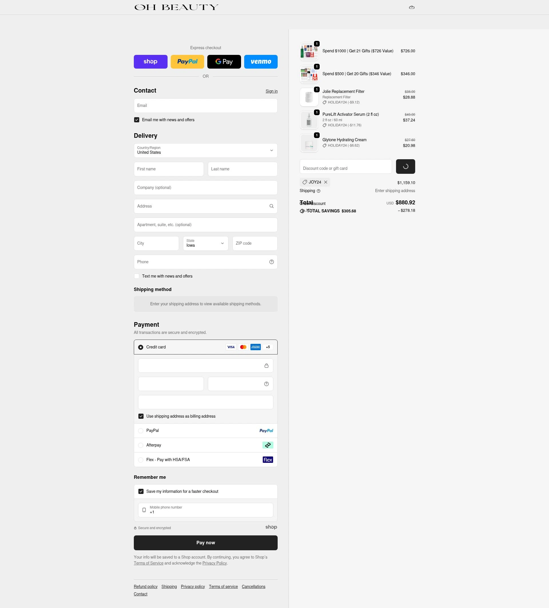 Oh Beauty checkout page showing Oh Beauty discount code box | Screenshot taken by SimplyCodes community member on Dec 31, 2025