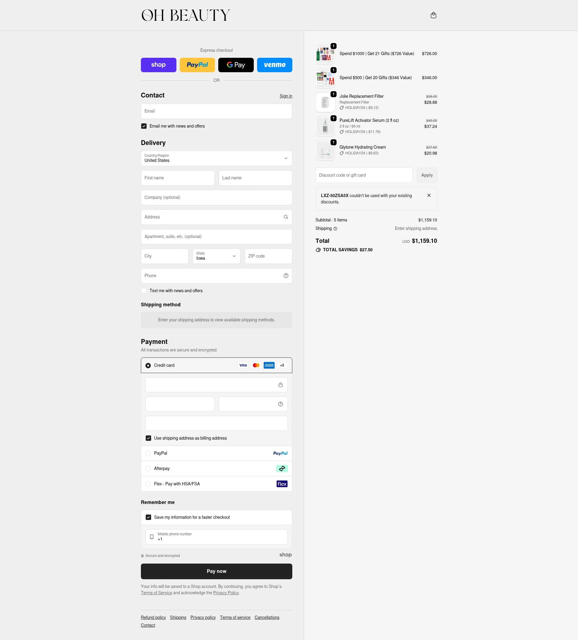 Oh Beauty checkout page showing Oh Beauty discount code box | Screenshot taken by SimplyCodes community member on Dec 31, 2025