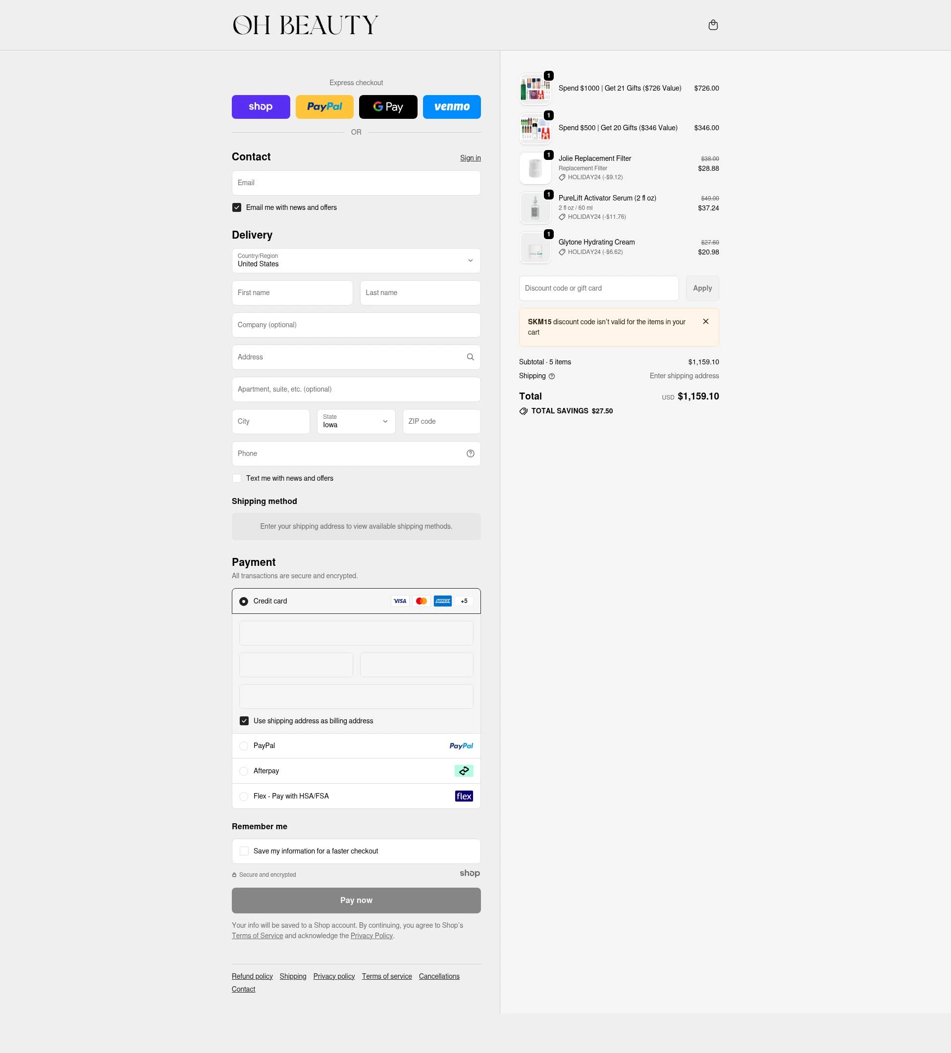 Oh Beauty checkout page showing Oh Beauty discount code box | Screenshot taken by SimplyCodes community member on Dec 31, 2025