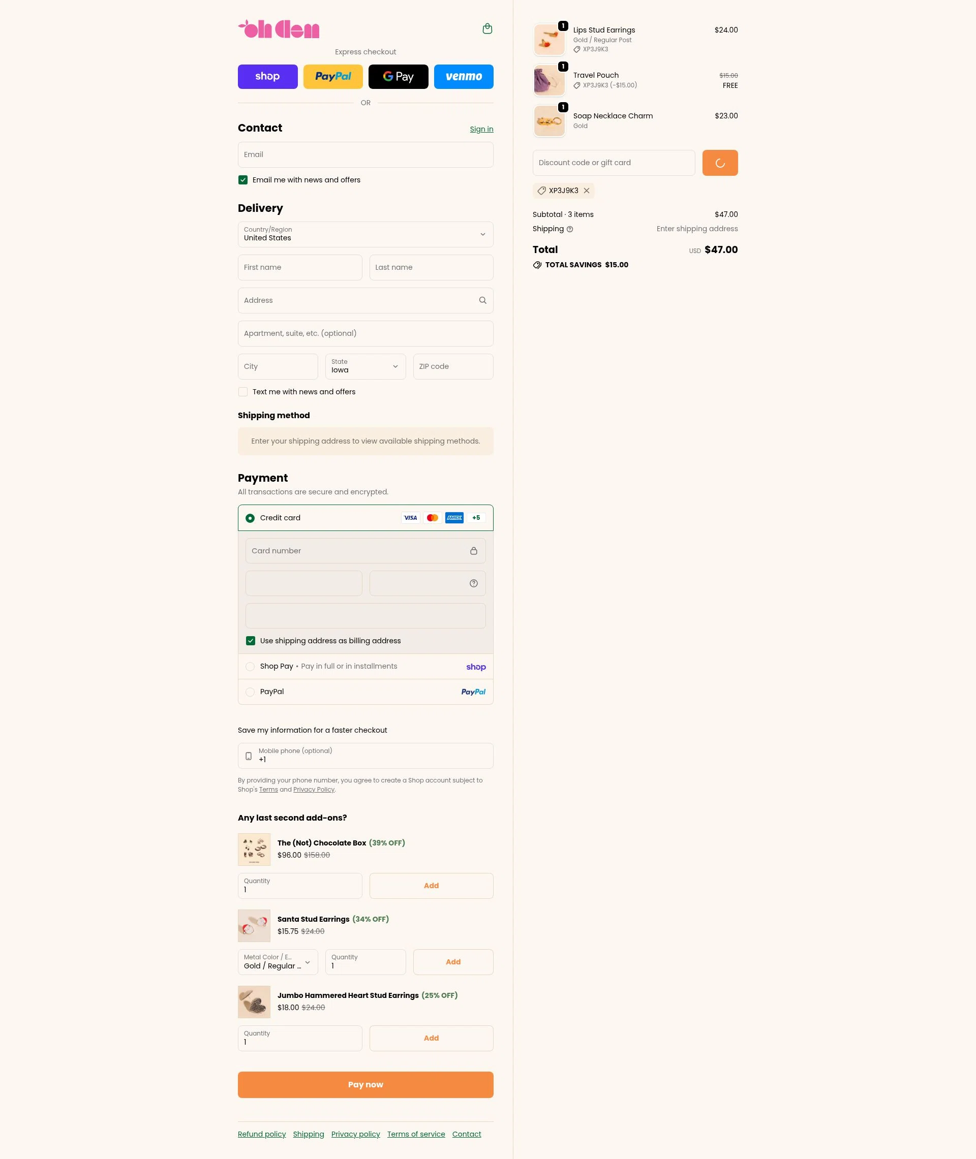 Oh Clementine checkout page showing Oh Clementine discount code box | Screenshot taken by SimplyCodes community member on Feb 16, 2026