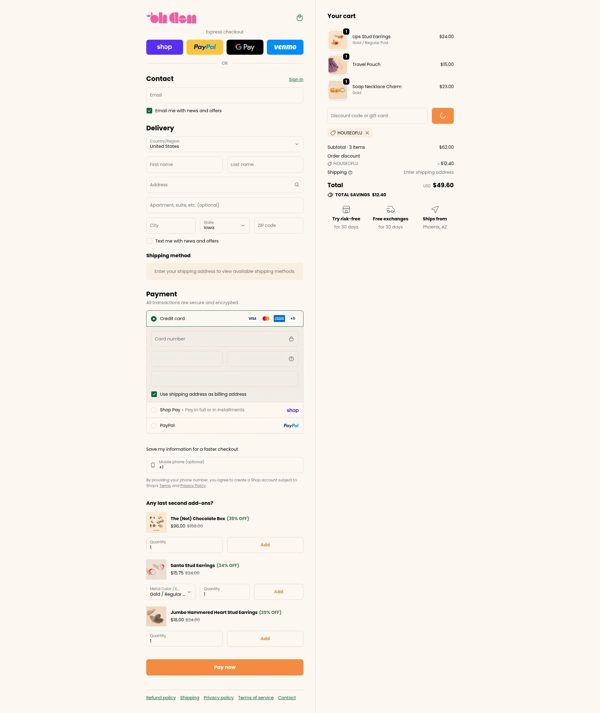 Oh Clementine checkout page showing Oh Clementine discount code box | Screenshot taken by SimplyCodes community member on Feb 16, 2026