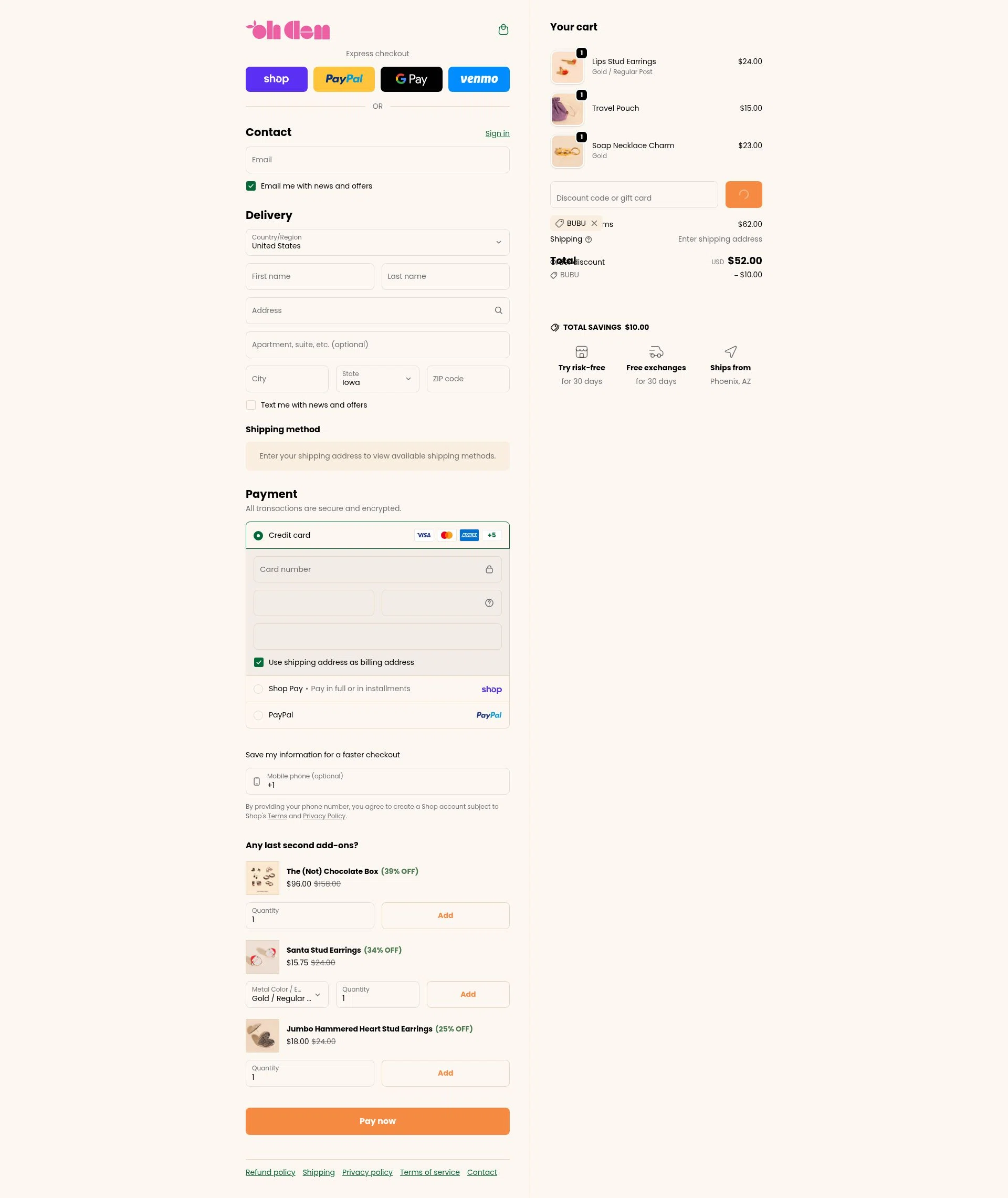 Oh Clementine checkout page showing Oh Clementine discount code box | Screenshot taken by SimplyCodes community member on Feb 16, 2026