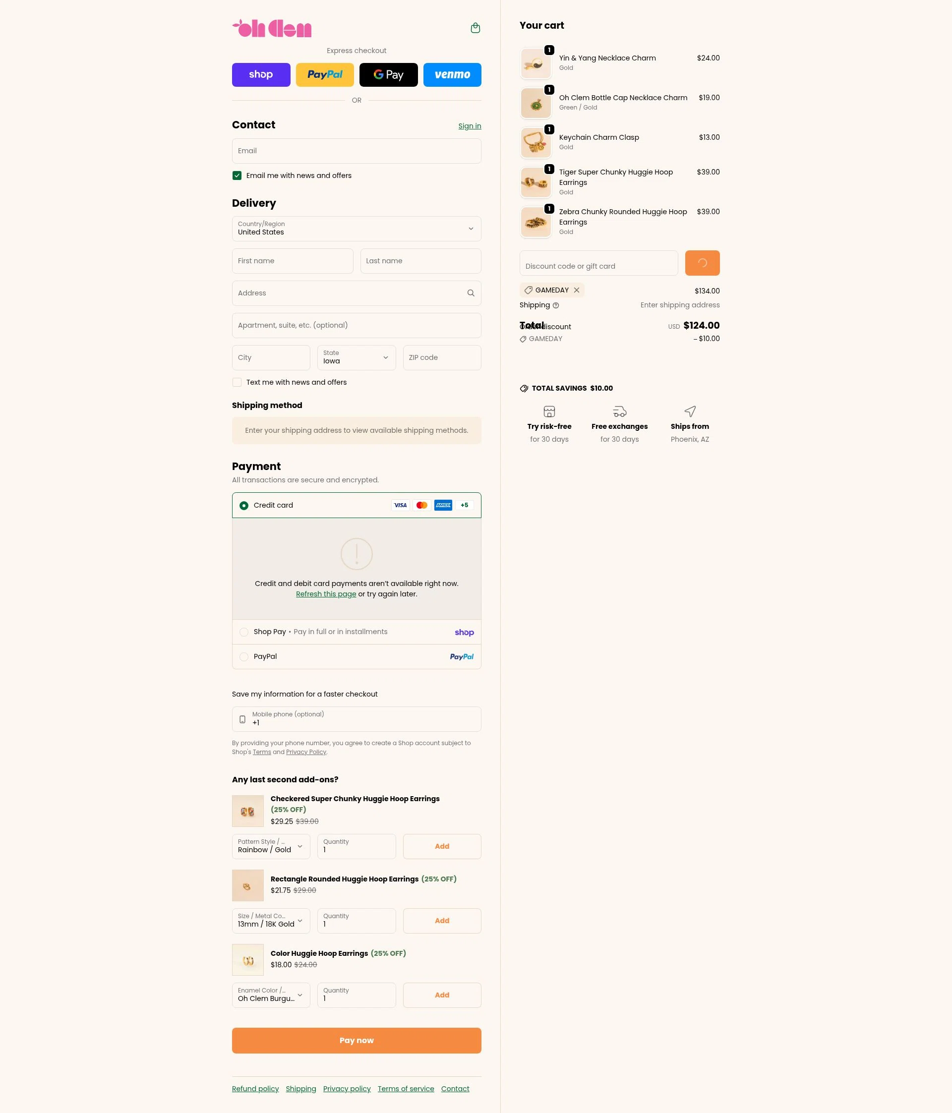 Oh Clementine checkout page showing Oh Clementine discount code box | Screenshot taken by SimplyCodes community member on Feb 20, 2026