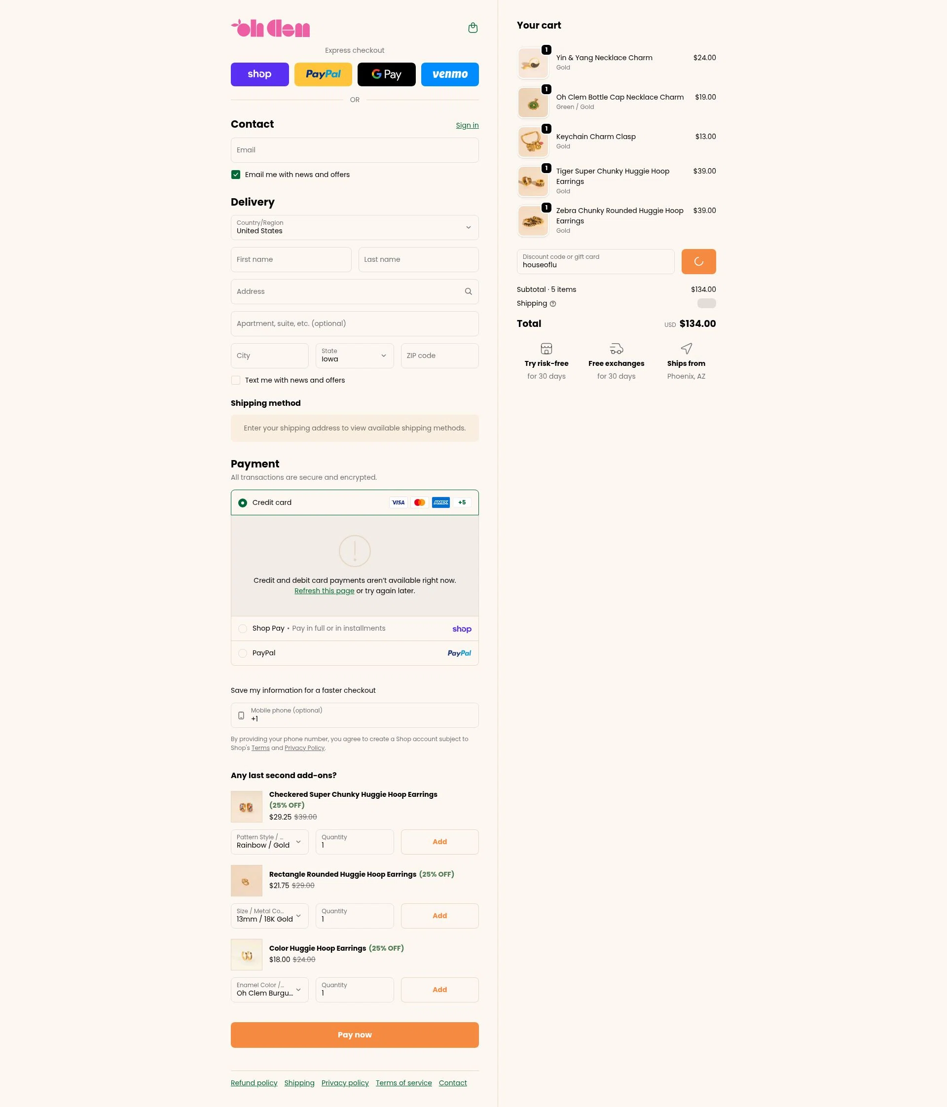Oh Clementine checkout page showing Oh Clementine discount code box | Screenshot taken by SimplyCodes community member on Feb 20, 2026
