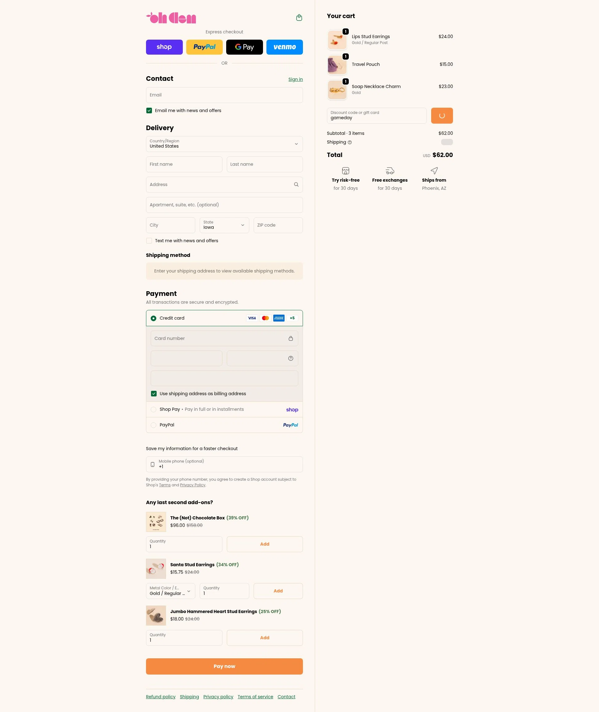 Oh Clementine checkout page showing Oh Clementine discount code box | Screenshot taken by SimplyCodes community member on Feb 16, 2026