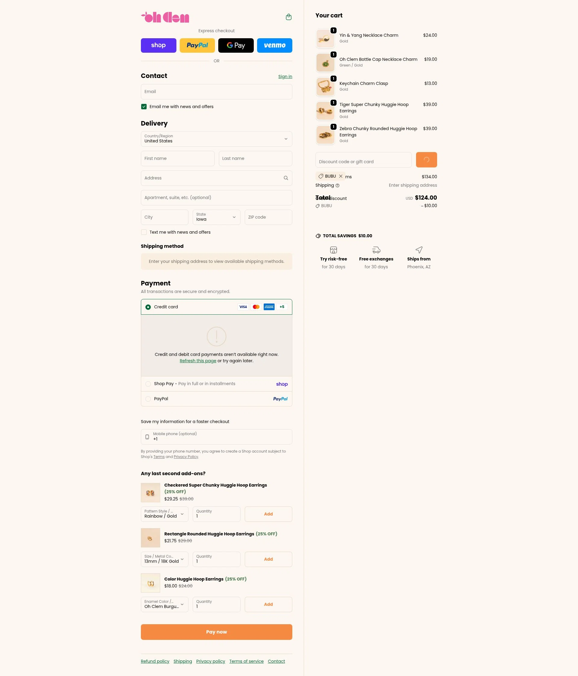 Oh Clementine checkout page showing Oh Clementine discount code box | Screenshot taken by SimplyCodes community member on Feb 20, 2026