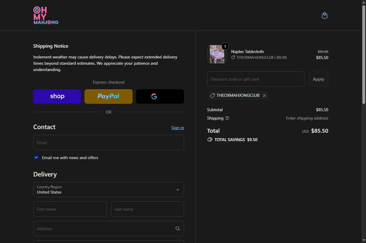Oh My Mahjong checkout page showing Oh My Mahjong discount code box | Screenshot taken by SimplyCodes community member on Feb 7, 2026