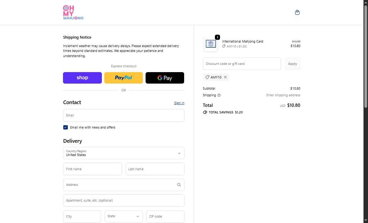 Oh My Mahjong checkout page showing Oh My Mahjong discount code box | Screenshot taken by SimplyCodes community member on Feb 7, 2026