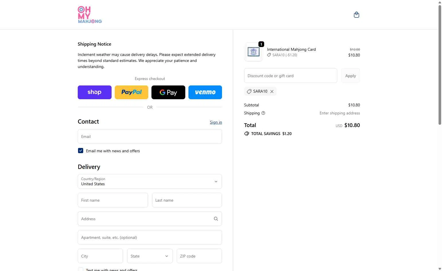 Oh My Mahjong checkout page showing Oh My Mahjong discount code box | Screenshot taken by SimplyCodes community member on Feb 7, 2026
