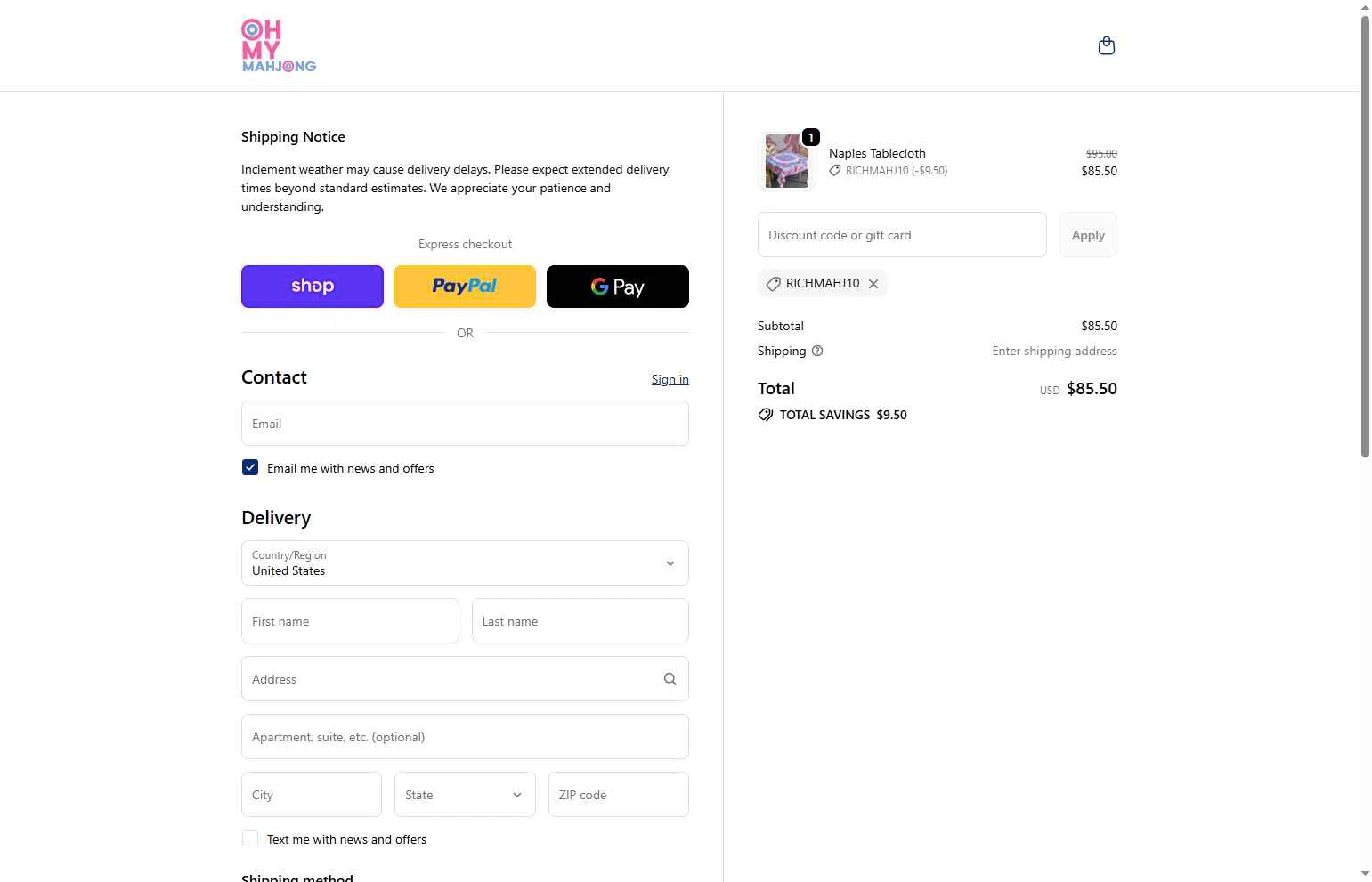 Oh My Mahjong checkout page showing Oh My Mahjong discount code box | Screenshot taken by SimplyCodes community member on Feb 7, 2026
