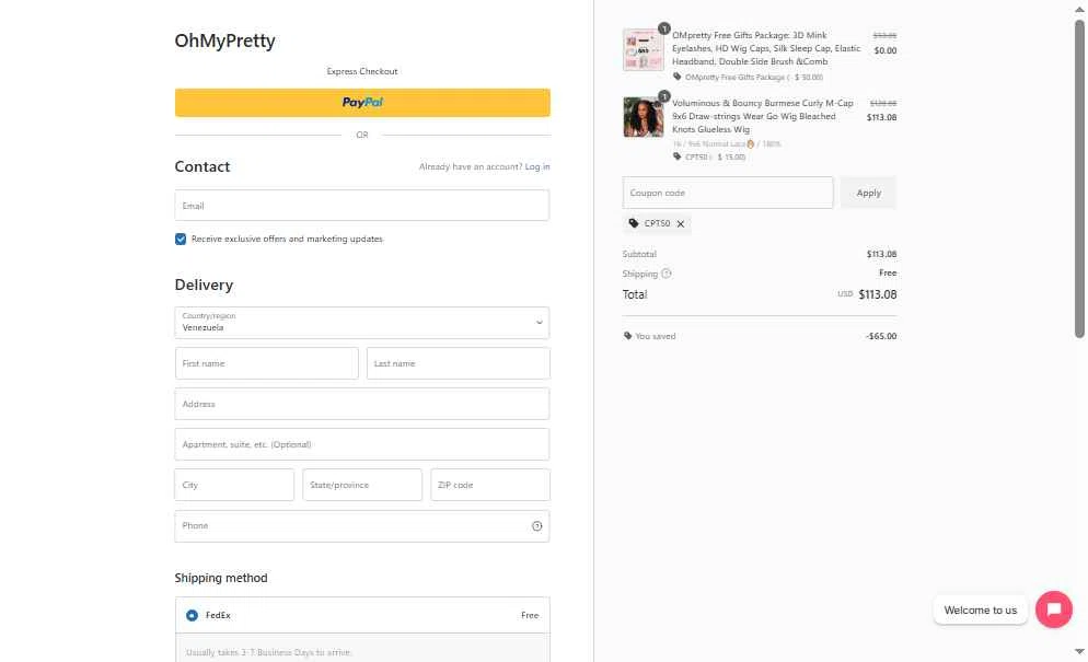 OhMyPretty checkout page showing OhMyPretty coupon code box | Screenshot taken by SimplyCodes community member on Dec 29, 2025