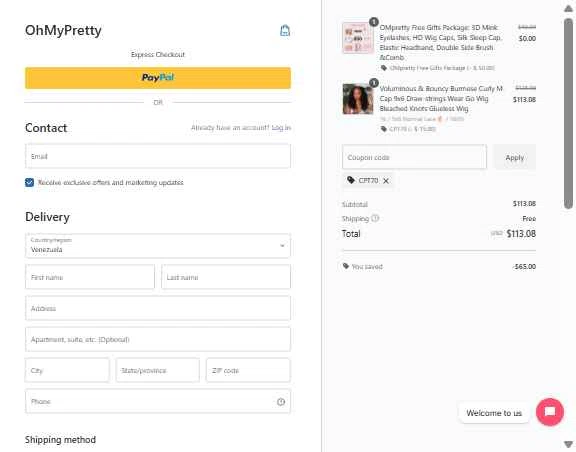 OhMyPretty checkout page showing OhMyPretty coupon code box | Screenshot taken by SimplyCodes community member on Dec 29, 2025