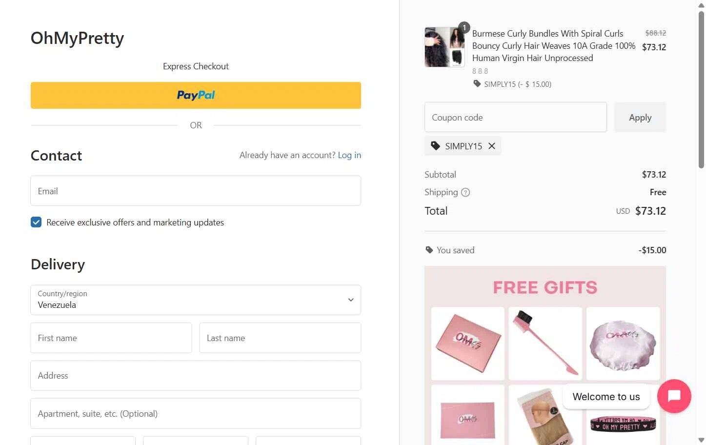 OhMyPretty checkout page showing OhMyPretty coupon code box | Screenshot taken by SimplyCodes community member on Dec 5, 2025
