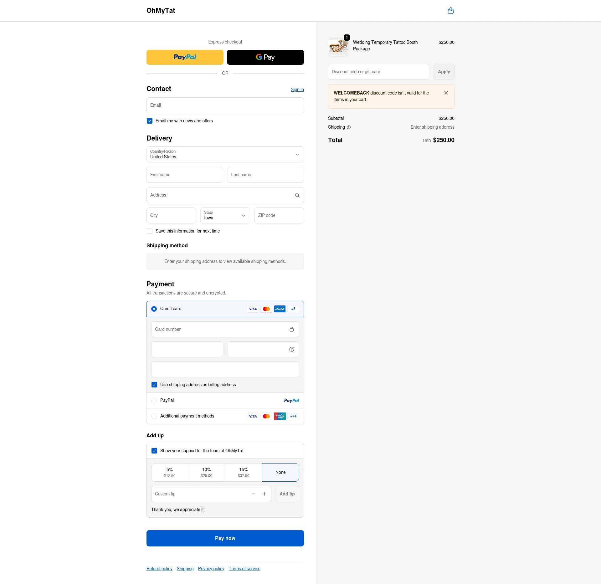 OhMyTat checkout page showing OhMyTat discount code box | Screenshot taken by SimplyCodes community member on Jan 30, 2026