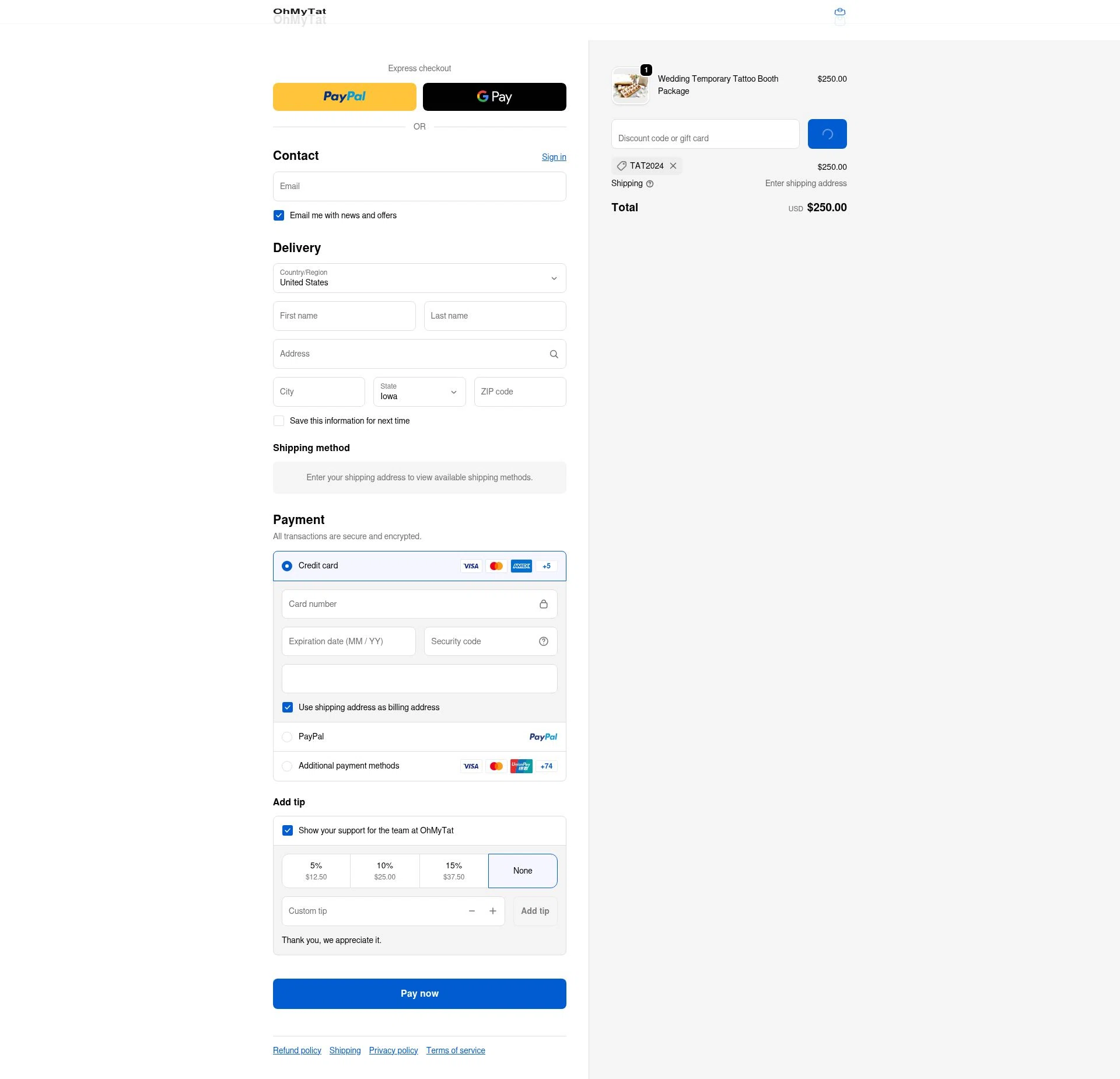 OhMyTat checkout page showing OhMyTat discount code box | Screenshot taken by SimplyCodes community member on Feb 16, 2026