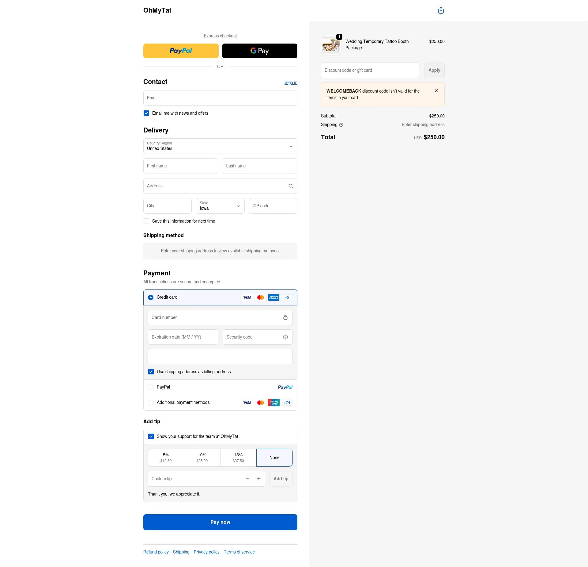 OhMyTat checkout page showing OhMyTat discount code box | Screenshot taken by SimplyCodes community member on Feb 12, 2026