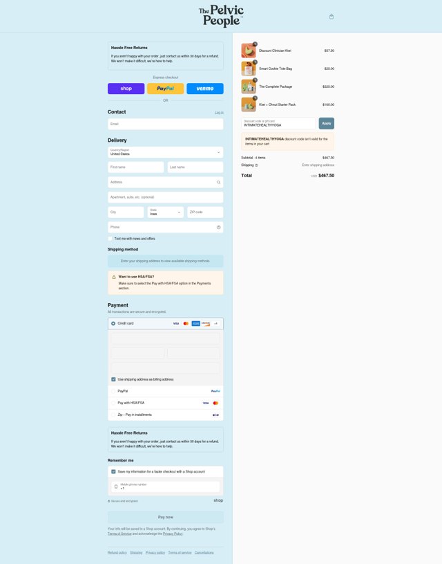 The Pelvic People checkout page showing The Pelvic People discount code box | Screenshot taken by SimplyCodes community member on Sep 2, 2025