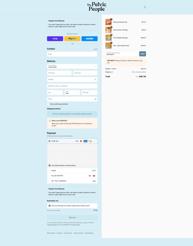 The Pelvic People checkout page showing The Pelvic People discount code box | Screenshot taken by SimplyCodes community member on Sep 2, 2025