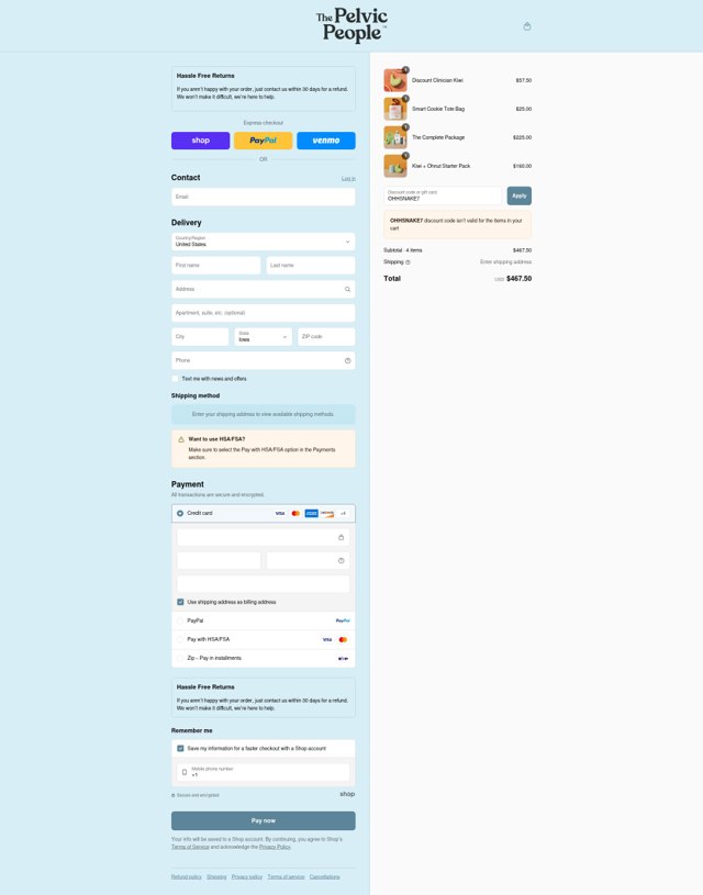 The Pelvic People checkout page showing The Pelvic People discount code box | Screenshot taken by SimplyCodes community member on Sep 2, 2025