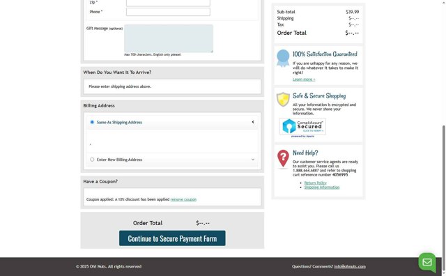 Oh Nuts checkout page showing Oh Nuts promo code box | Screenshot taken by SimplyCodes community member on May 5, 2025