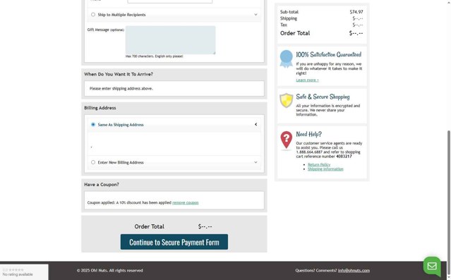 Oh Nuts checkout page showing Oh Nuts promo code box | Screenshot taken by SimplyCodes community member on Jul 9, 2025