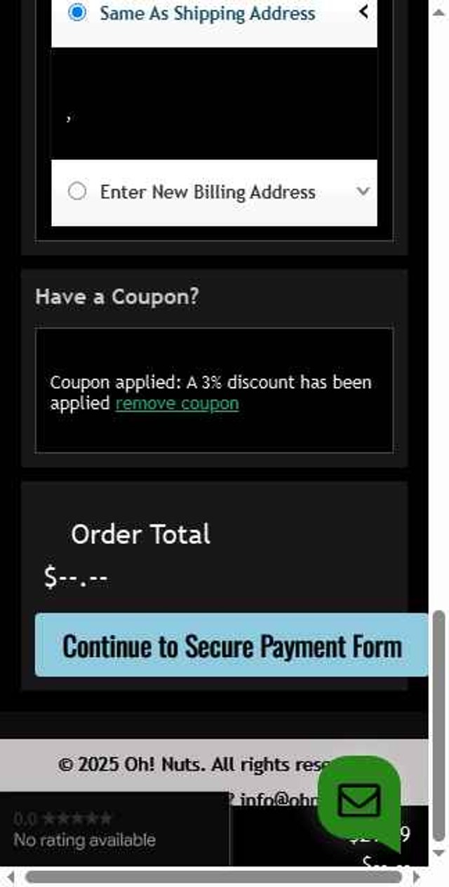 Oh Nuts checkout page showing Oh Nuts promo code box | Screenshot taken by SimplyCodes community member on Jun 13, 2025