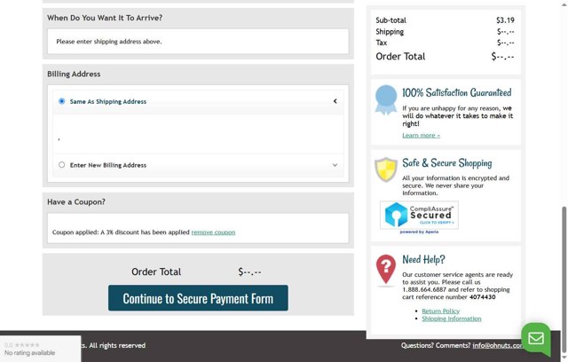 Oh Nuts checkout page showing Oh Nuts promo code box | Screenshot taken by SimplyCodes community member on Jun 13, 2025