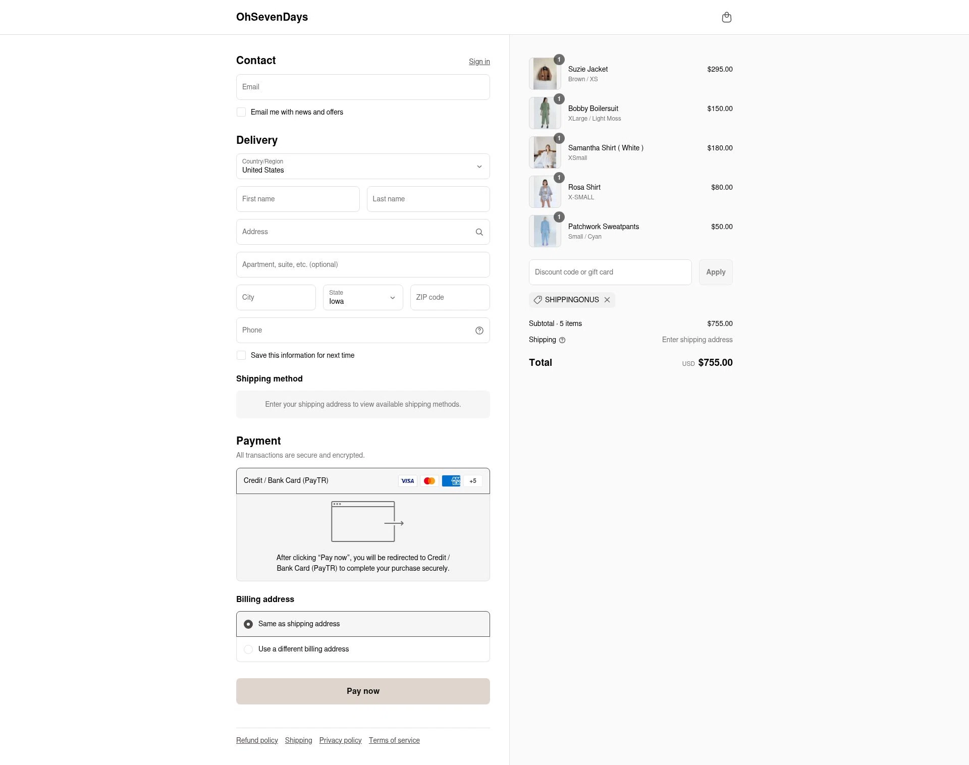 OhSevenDays checkout page showing OhSevenDays promo code box | Screenshot taken by SimplyCodes community member on Sep 15, 2025