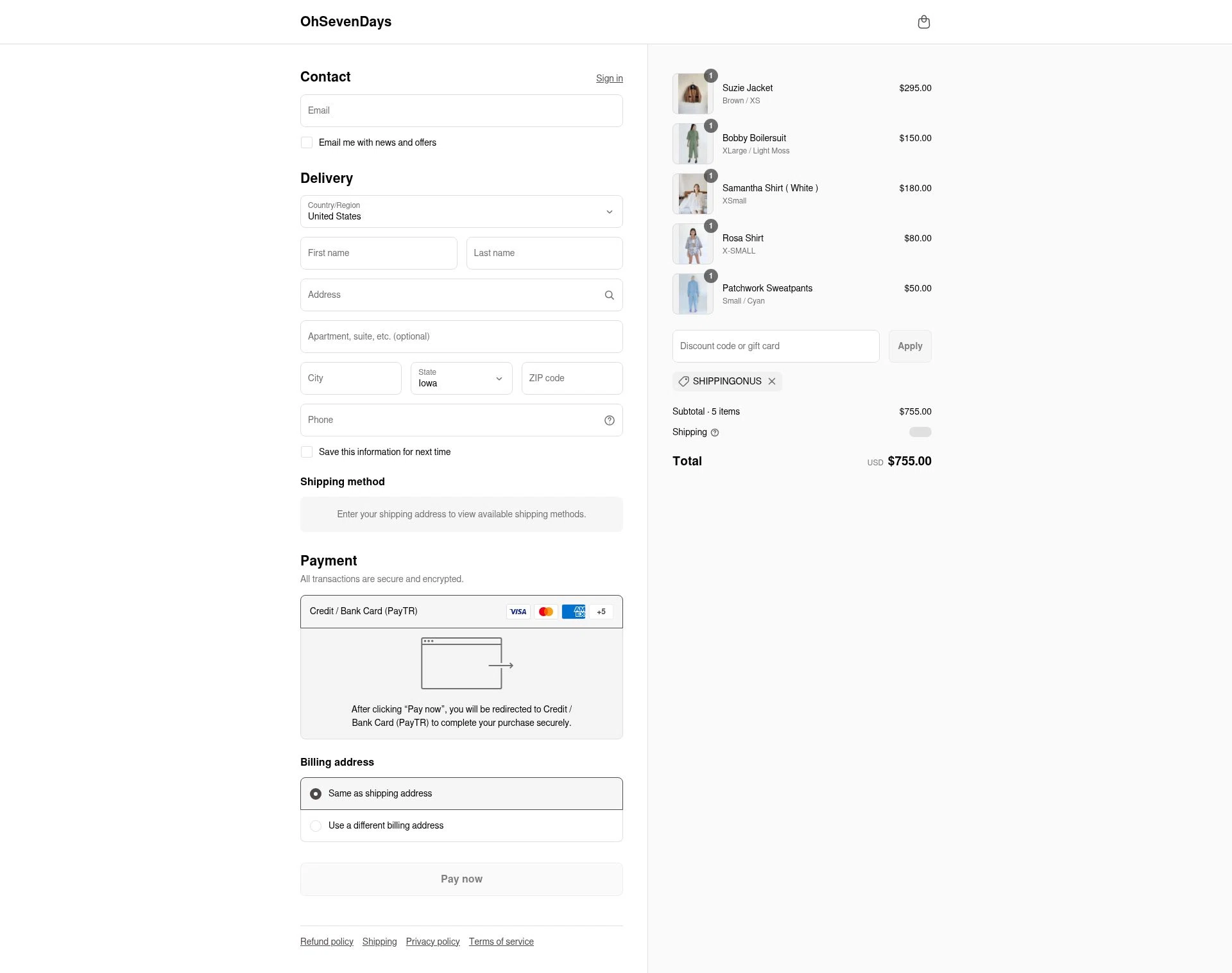 OhSevenDays checkout page showing OhSevenDays promo code box | Screenshot taken by SimplyCodes community member on Sep 11, 2025