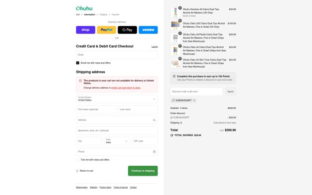 Ohuhu checkout page showing Ohuhu discount code box | Screenshot taken by SimplyCodes community member on Sep 6, 2025