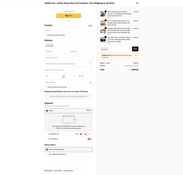 Ohwill checkout page showing Ohwill promo code box | Screenshot taken by SimplyCodes community member on Oct 3, 2025