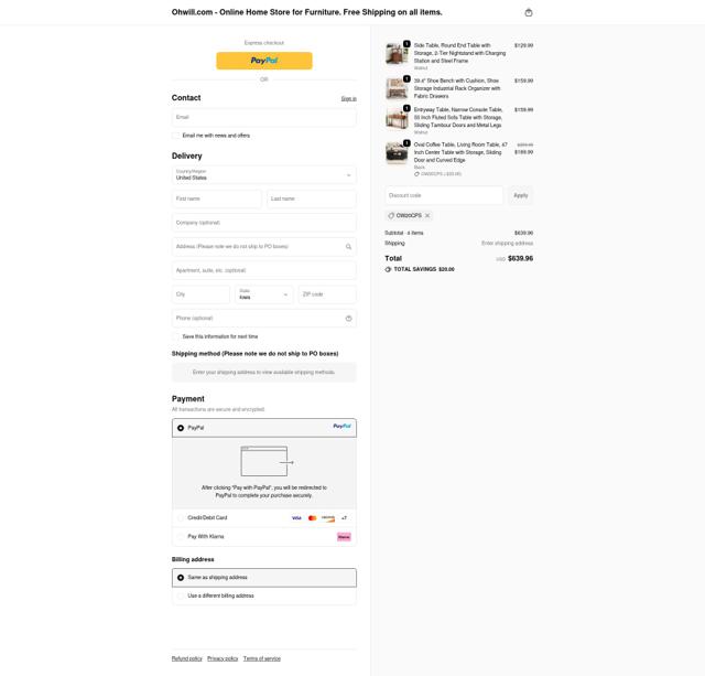 Ohwill checkout page showing Ohwill promo code box | Screenshot taken by SimplyCodes community member on Oct 3, 2025