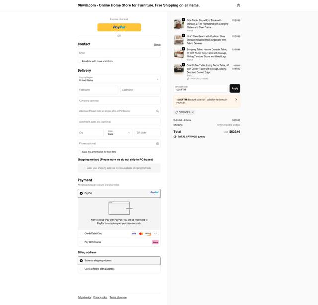 Ohwill checkout page showing Ohwill promo code box | Screenshot taken by SimplyCodes community member on Oct 3, 2025