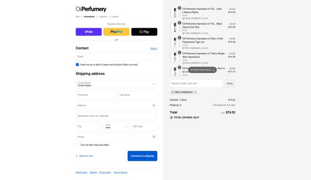 Oil Perfumery checkout page showing Oil Perfumery discount code box | Screenshot taken by SimplyCodes community member on Sep 12, 2025