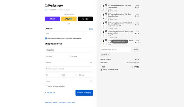 Oil Perfumery checkout page showing Oil Perfumery discount code box | Screenshot taken by SimplyCodes community member on Sep 12, 2025