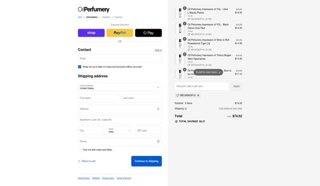 Oil Perfumery checkout page showing Oil Perfumery discount code box | Screenshot taken by SimplyCodes community member on Sep 12, 2025