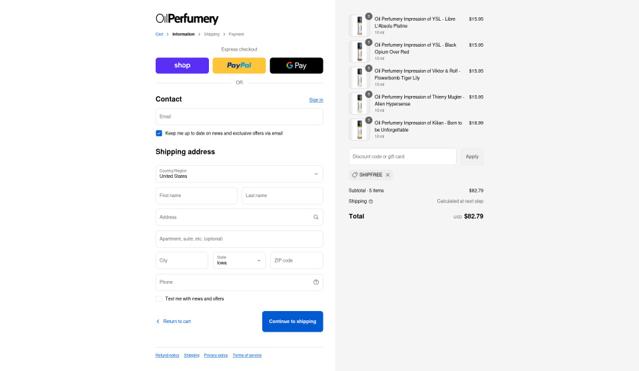Oil Perfumery checkout page showing Oil Perfumery discount code box | Screenshot taken by SimplyCodes community member on Sep 12, 2025