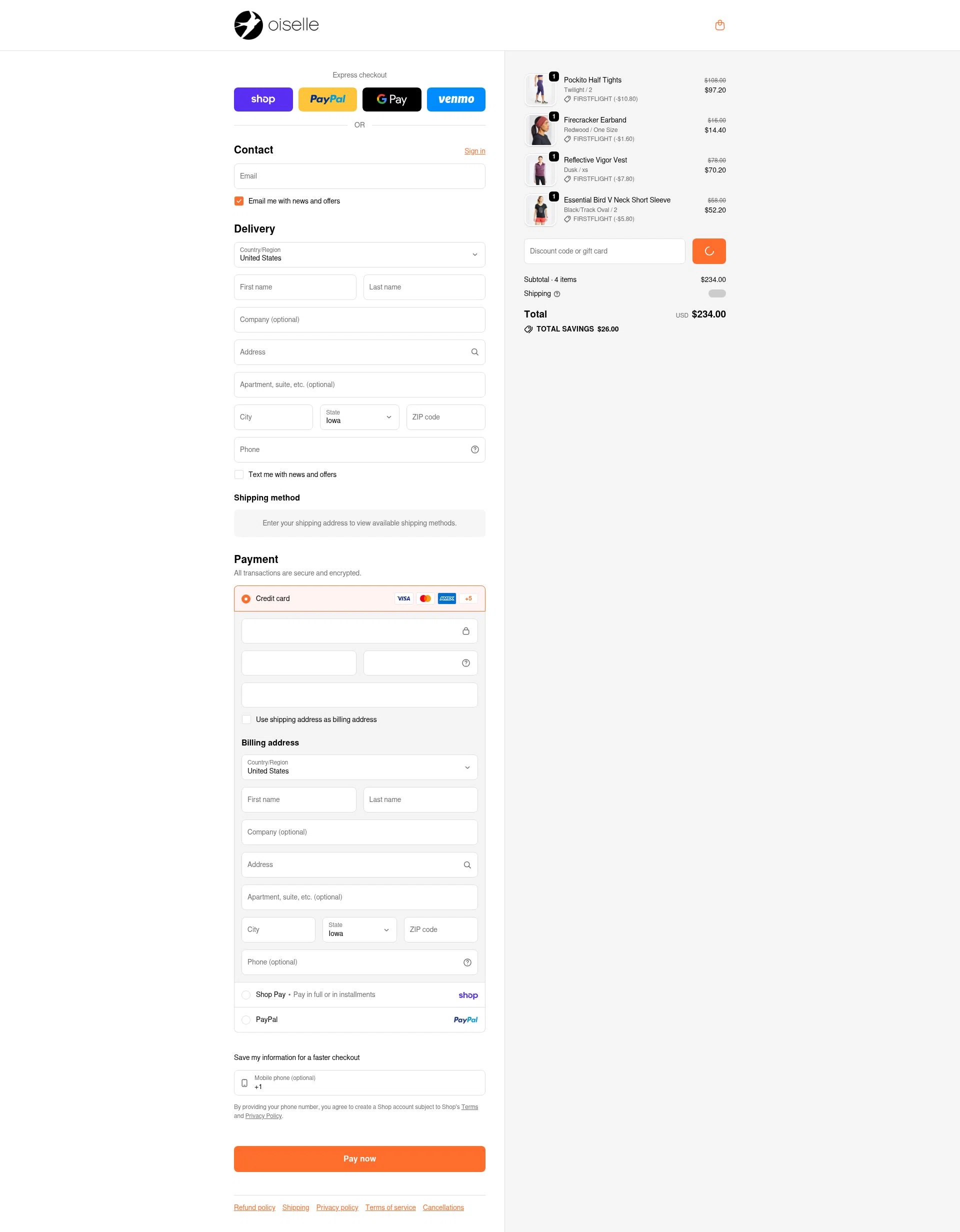Oiselle checkout page showing Oiselle coupon code box | Screenshot taken by SimplyCodes community member on Feb 12, 2026