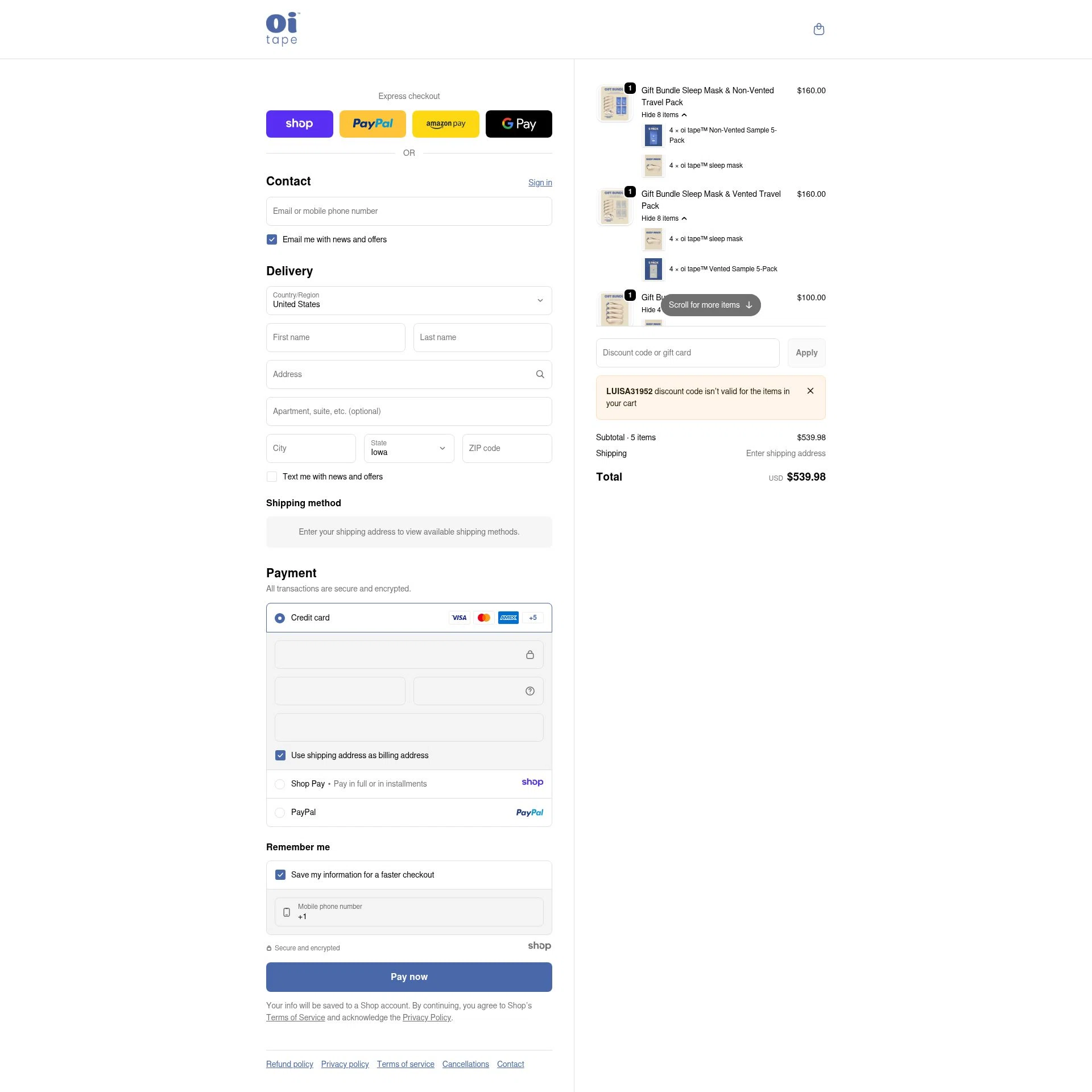oi tape checkout page showing oi tape discount code box | Screenshot taken by SimplyCodes community member on Jan 10, 2026