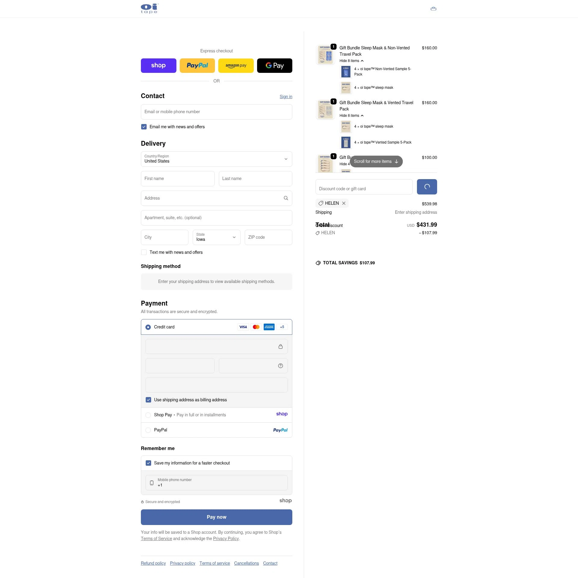 oi tape checkout page showing oi tape discount code box | Screenshot taken by SimplyCodes community member on Jan 10, 2026
