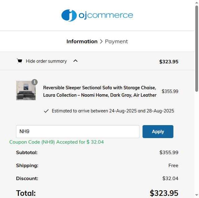 OJCommerce checkout page showing OJCommerce promo code box | Screenshot taken by SimplyCodes community member on Aug 22, 2025