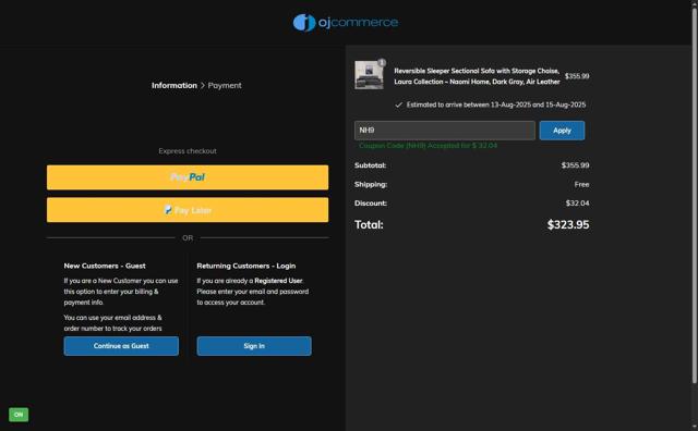 OJCommerce checkout page showing OJCommerce promo code box | Screenshot taken by SimplyCodes community member on Aug 9, 2025
